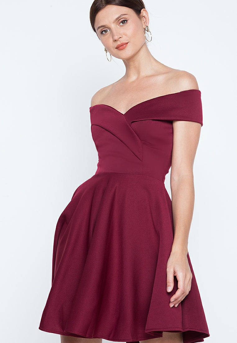 Off-the-Shoulder Wrap Mini Dress in Maroon
