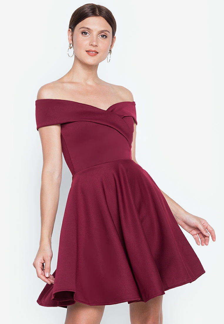 Off-the-Shoulder Wrap Mini Dress in Maroon