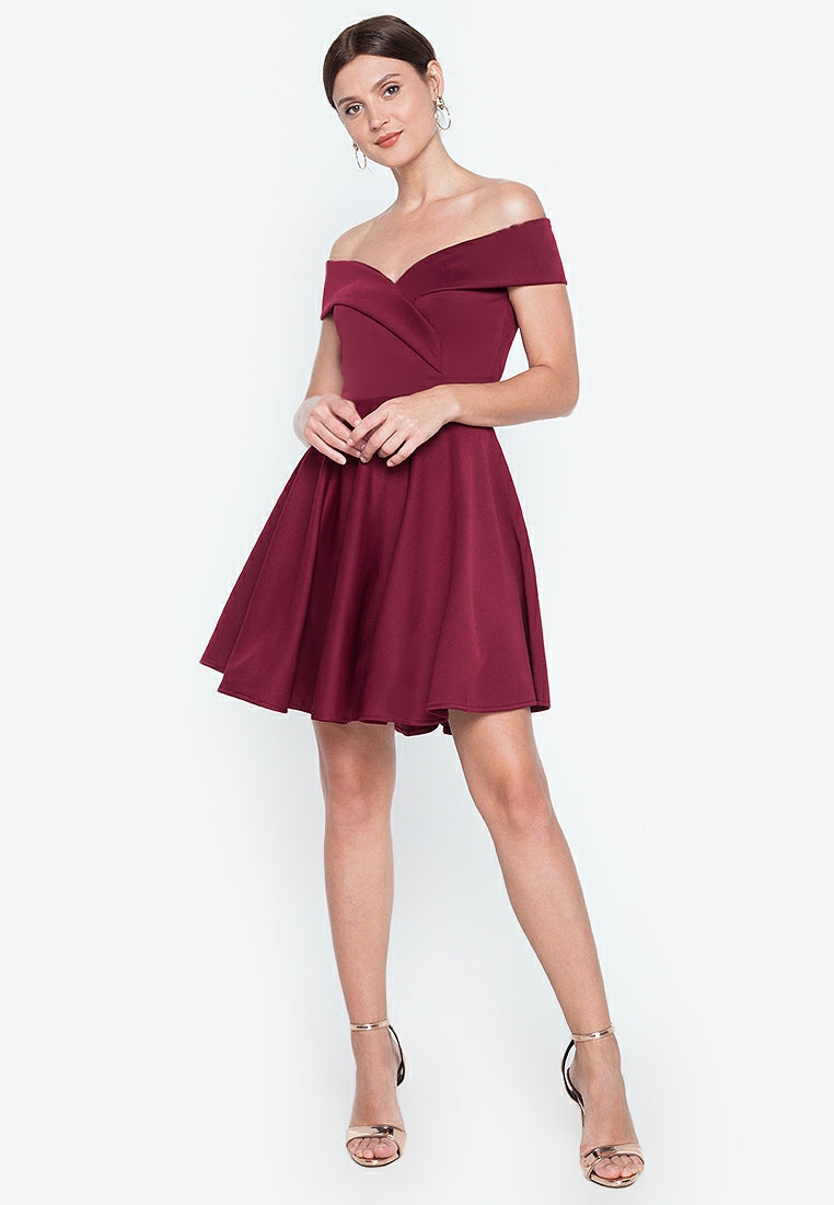 Off-the-Shoulder Wrap Mini Dress in Maroon