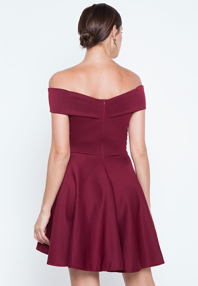 Off-the-Shoulder Wrap Mini Dress in Maroon