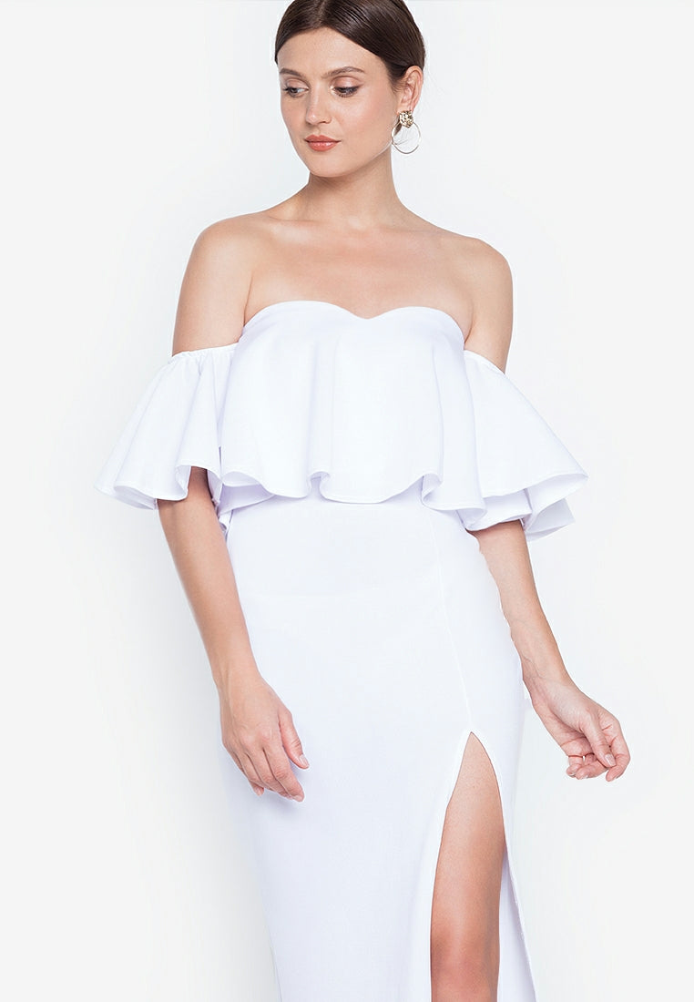 Off-the-Shoulder Frill Maxi Dress in White