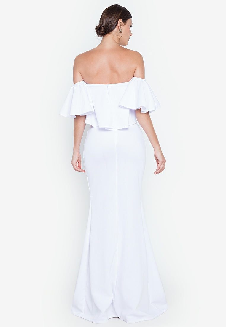 Off-the-Shoulder Frill Maxi Dress in White