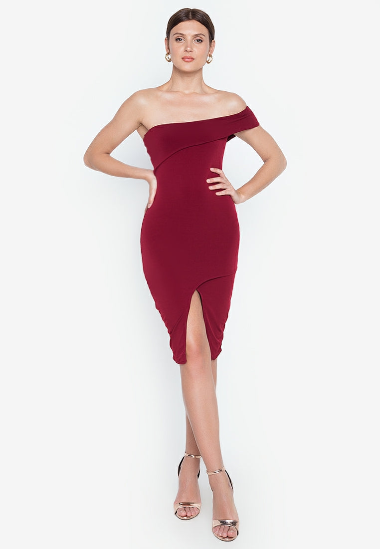 Half Shoulder Wrap Dress in Maroon