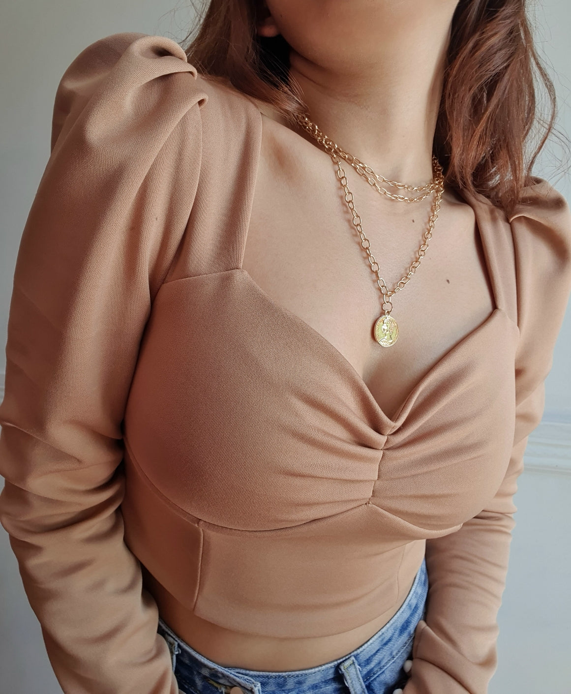 Square-Neck Puff-Sleeved Crop Top in Mocha