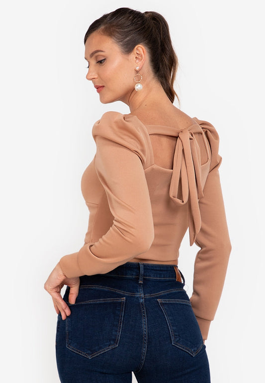 Square-Neck Puff-Sleeved Crop Top in Mocha
