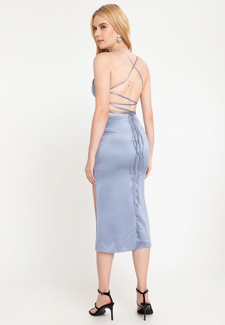 Tiffany Plunging Satin Midi Dress in Dusty Blue Heather Clothing Tiffany Plunging Satin Midi Dress in Dusty Blue Heather Clothing