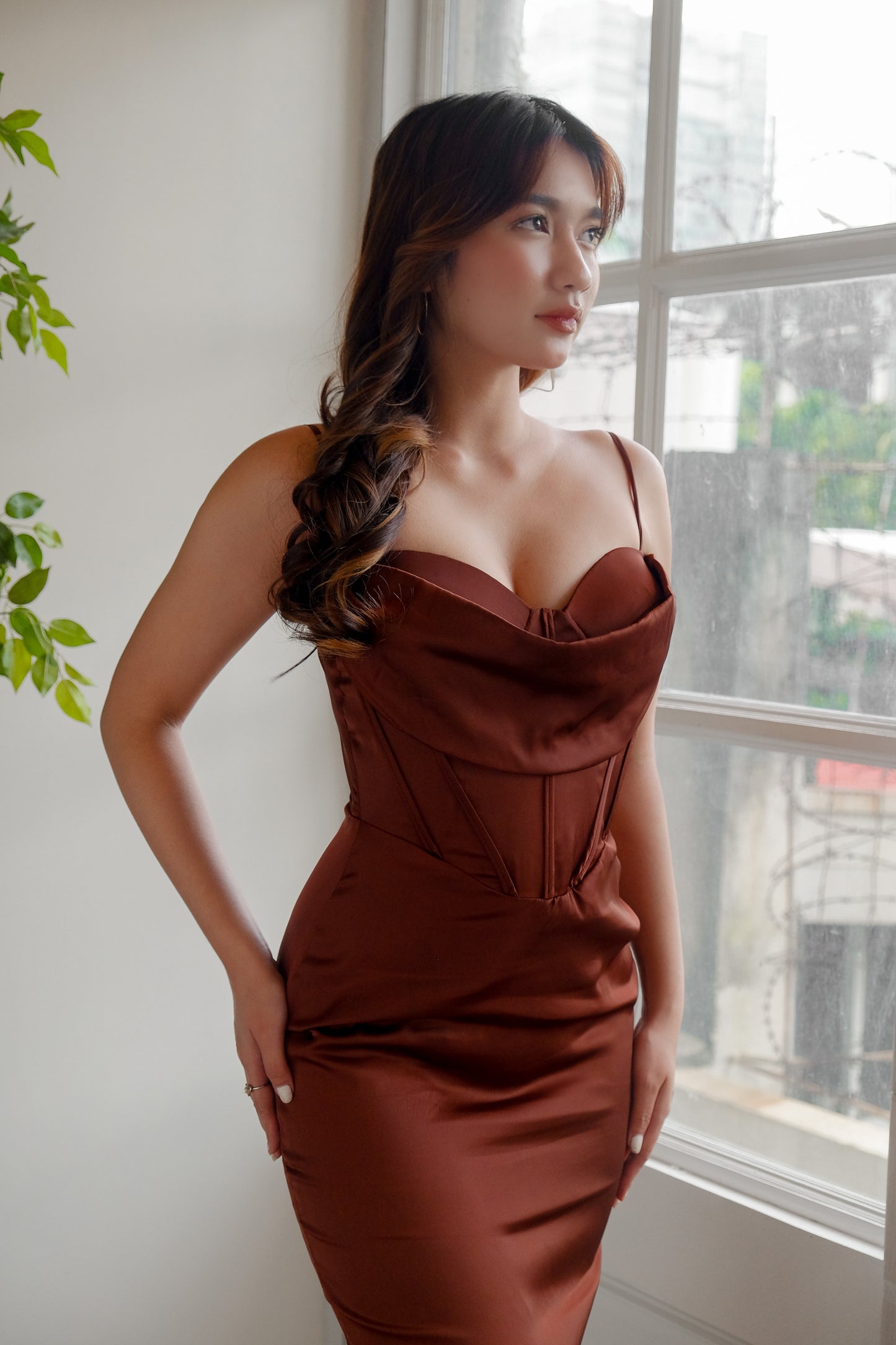 Milan Corset Midi Dress in Mocha - Heather Clothing
