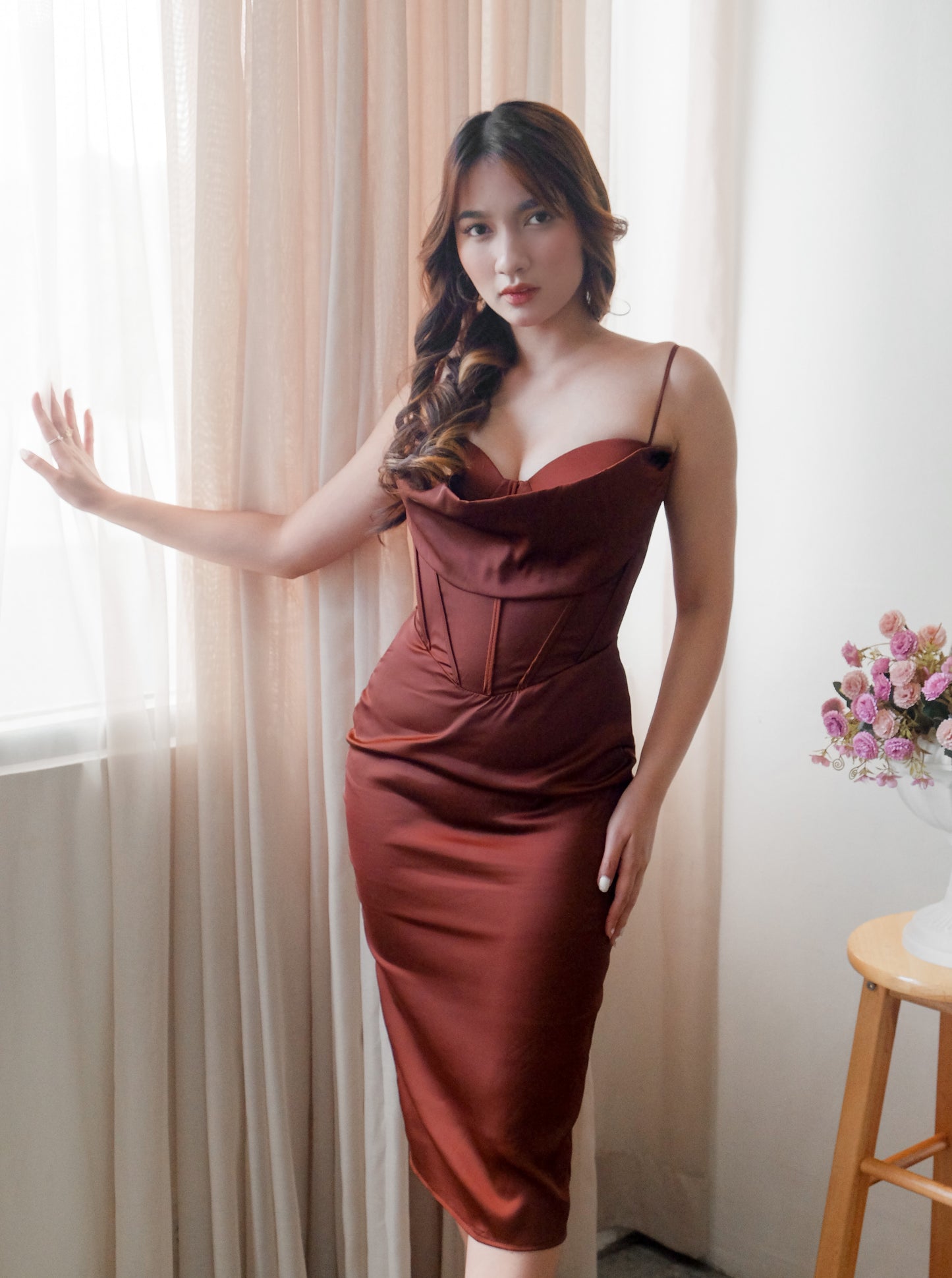 Milan Corset Midi Dress in Mocha - Heather Clothing