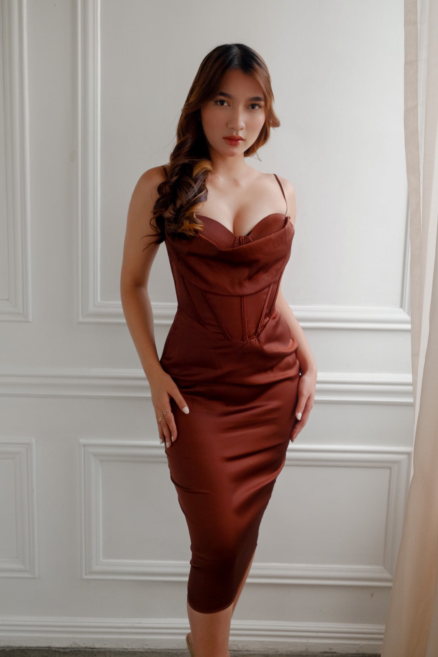 Milan Corset Midi Dress in Mocha - Heather Clothing