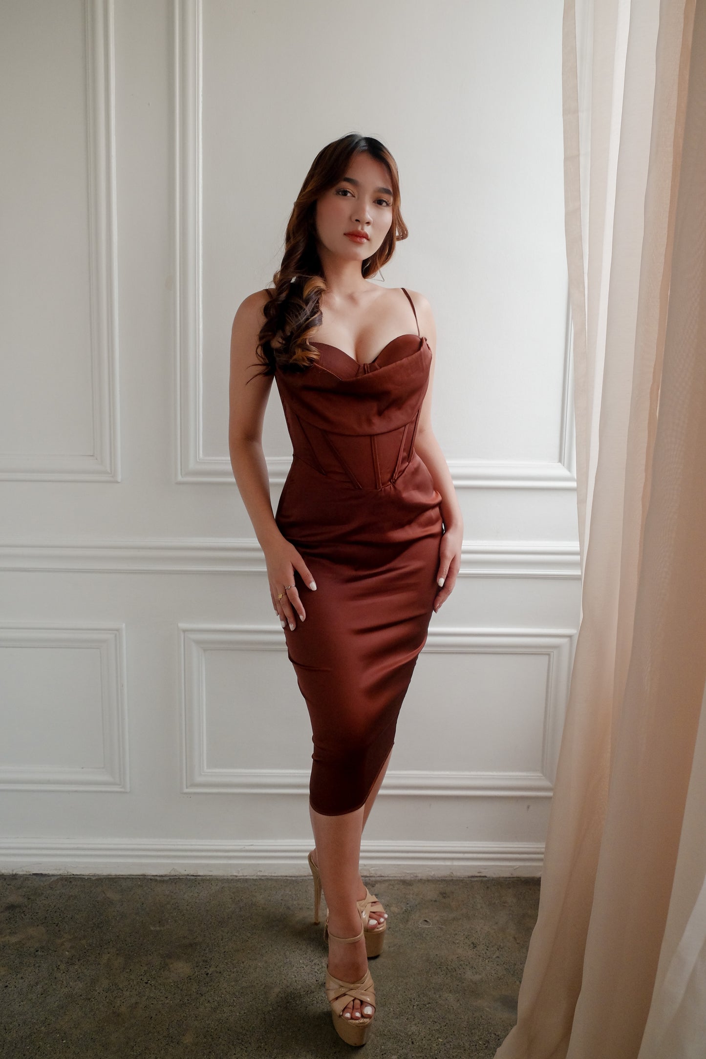 Milan Corset Midi Dress in Mocha - Heather Clothing