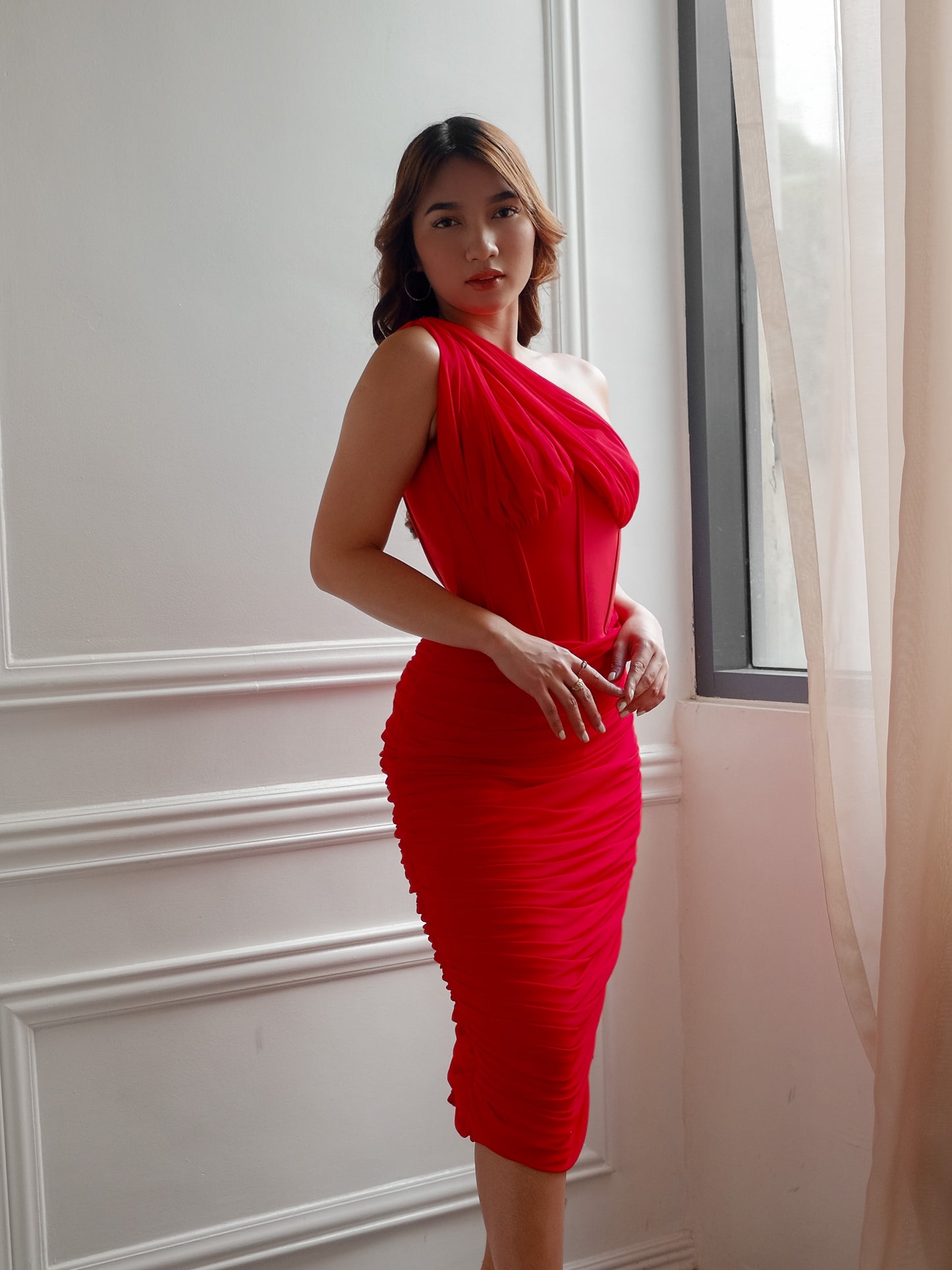 Asymmetric Corset Midi Dress in Red