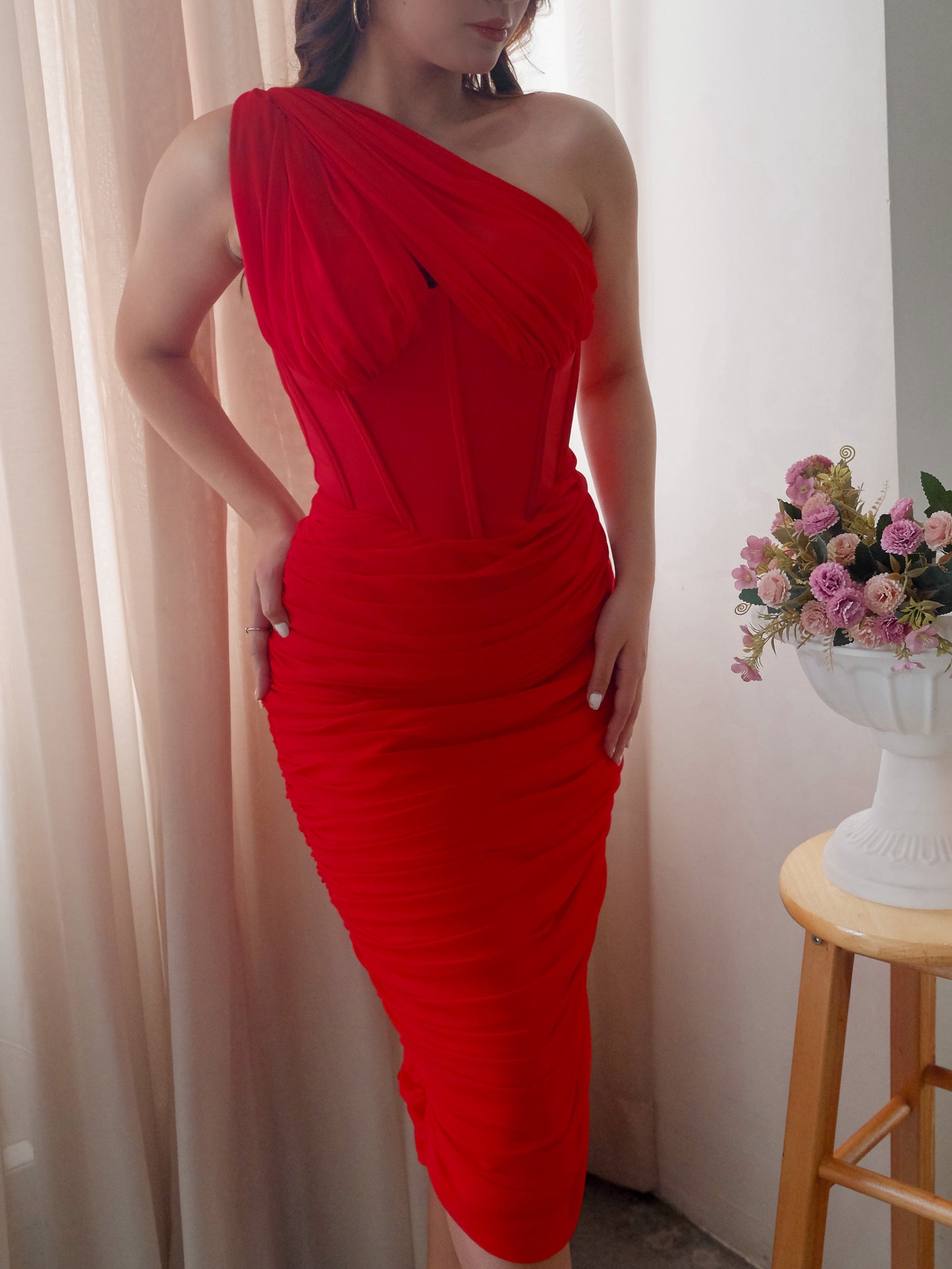 Asymmetric Corset Midi Dress in Red