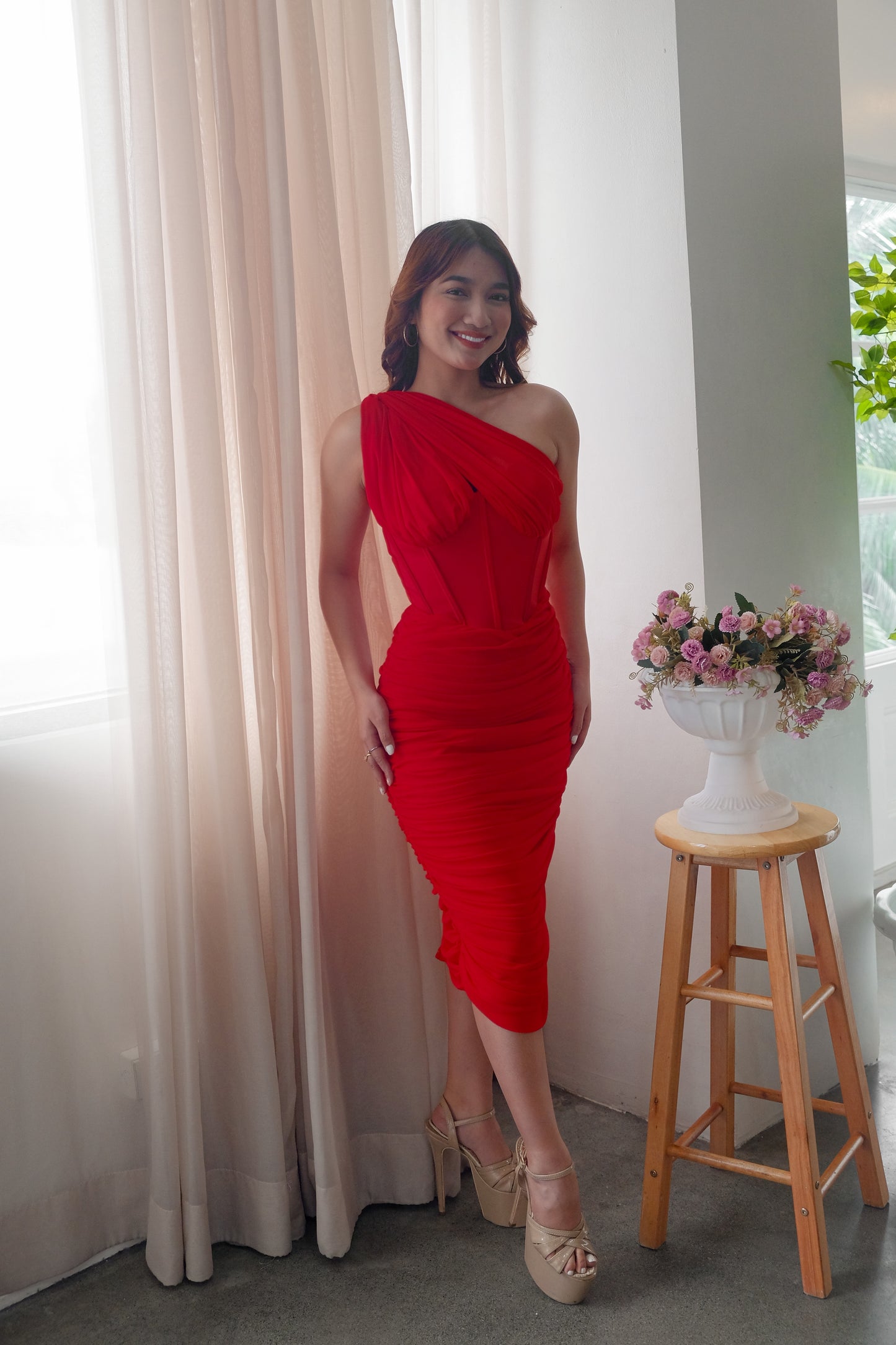Asymmetric Corset Midi Dress in Red