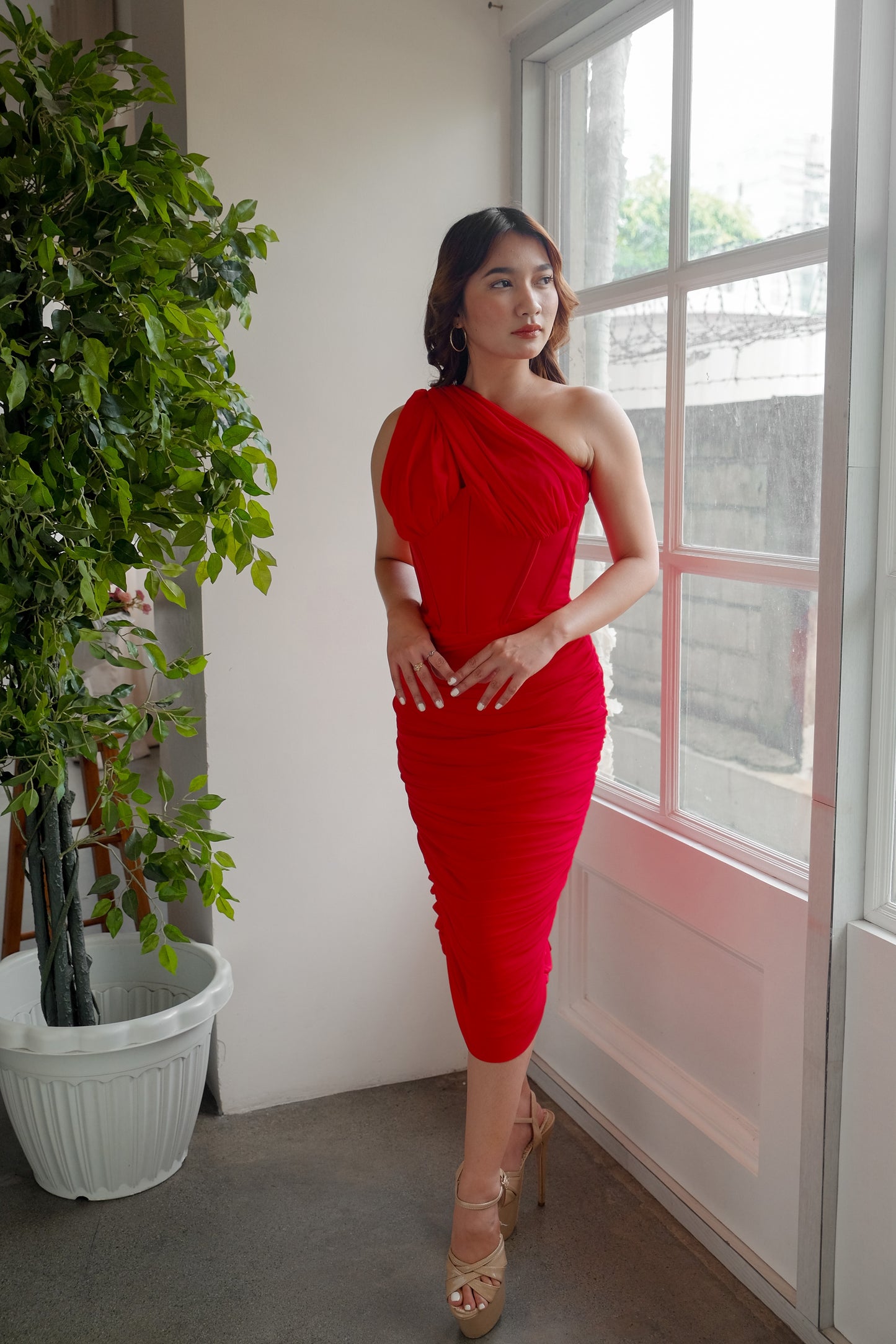 Asymmetric Corset Midi Dress in Red