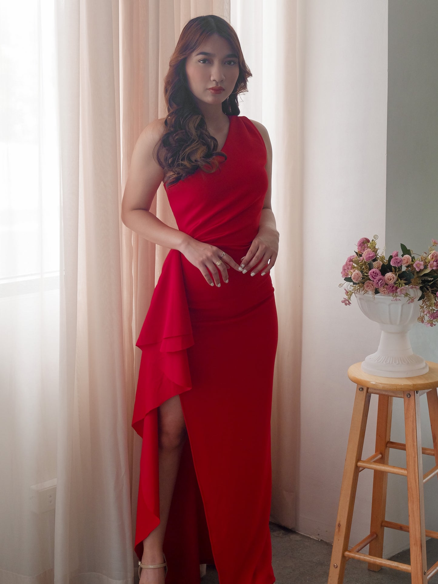 Asymmetric Neckline Ruffle Maxi Dress