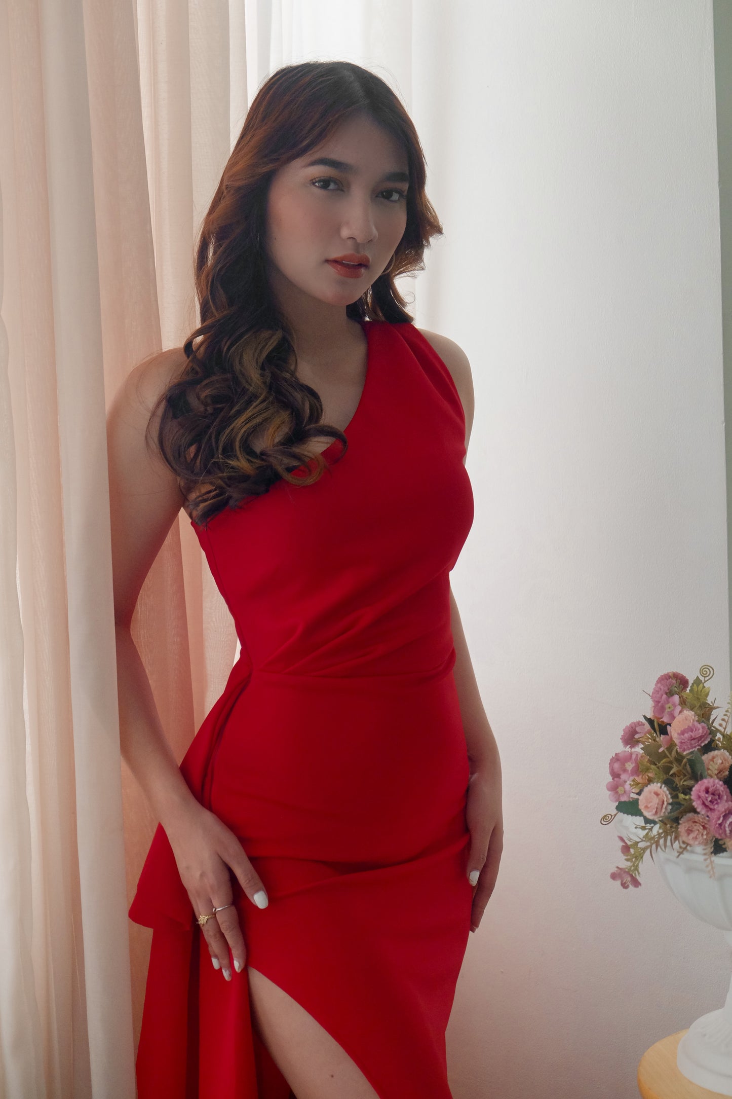 Asymmetric Neckline Ruffle Maxi Dress