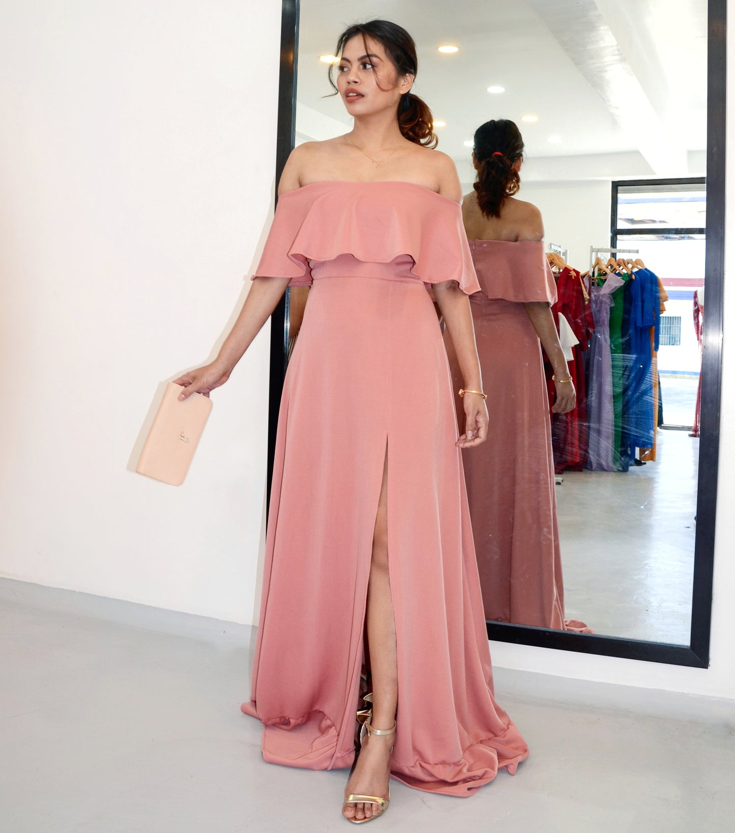 Off-the-Shoulder Ruffled Hem Maxi Dress