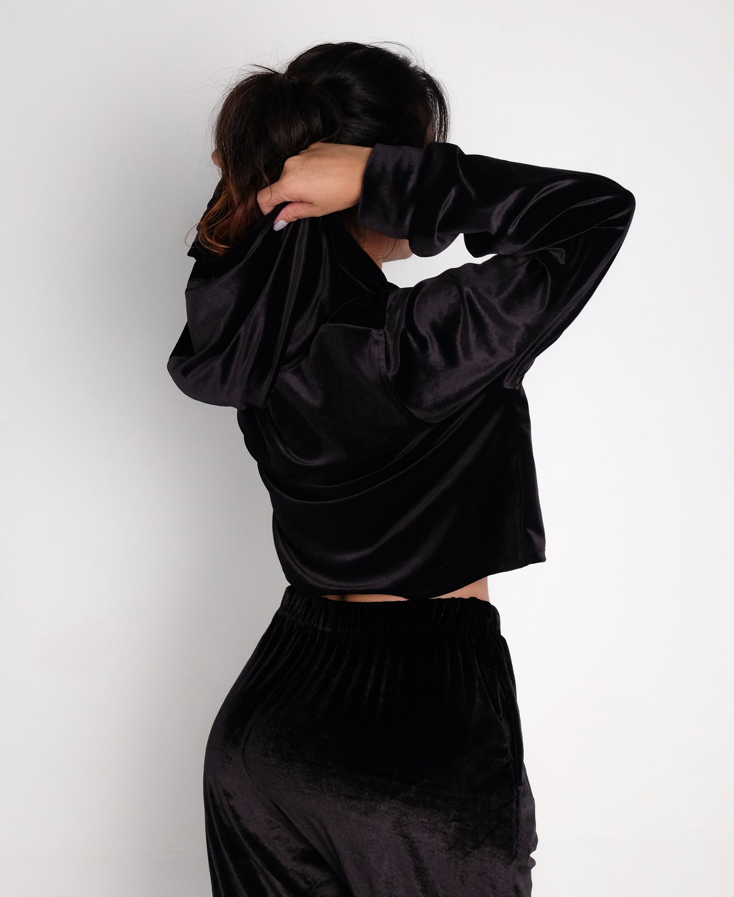 Velvet Croptop Hoodie in Black Velvet