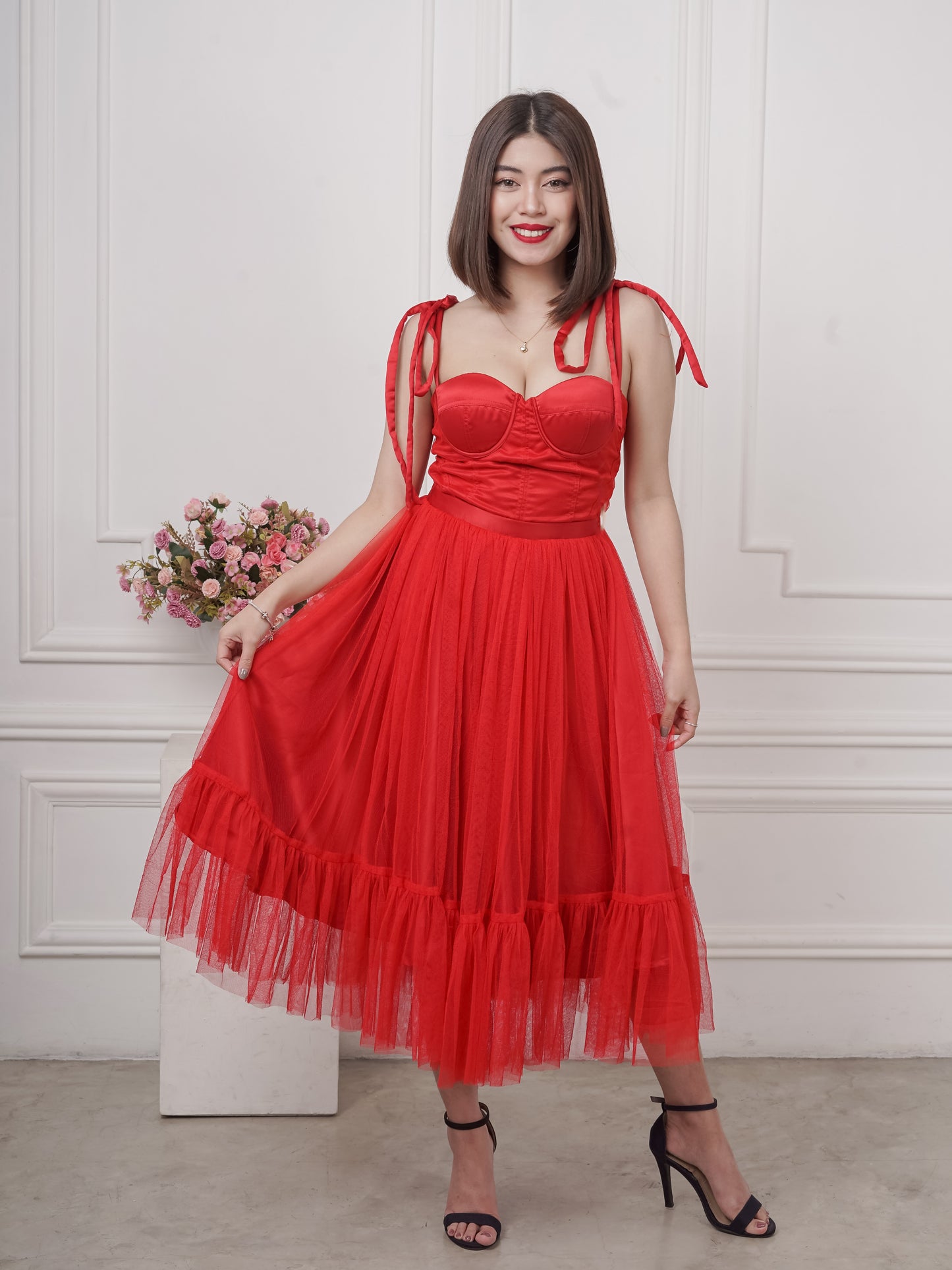 Bustier Mesh Tea-Length Dress