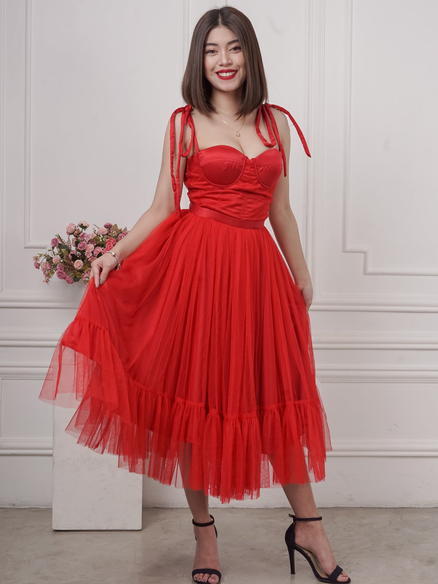Bustier Mesh Tea-Length Dress