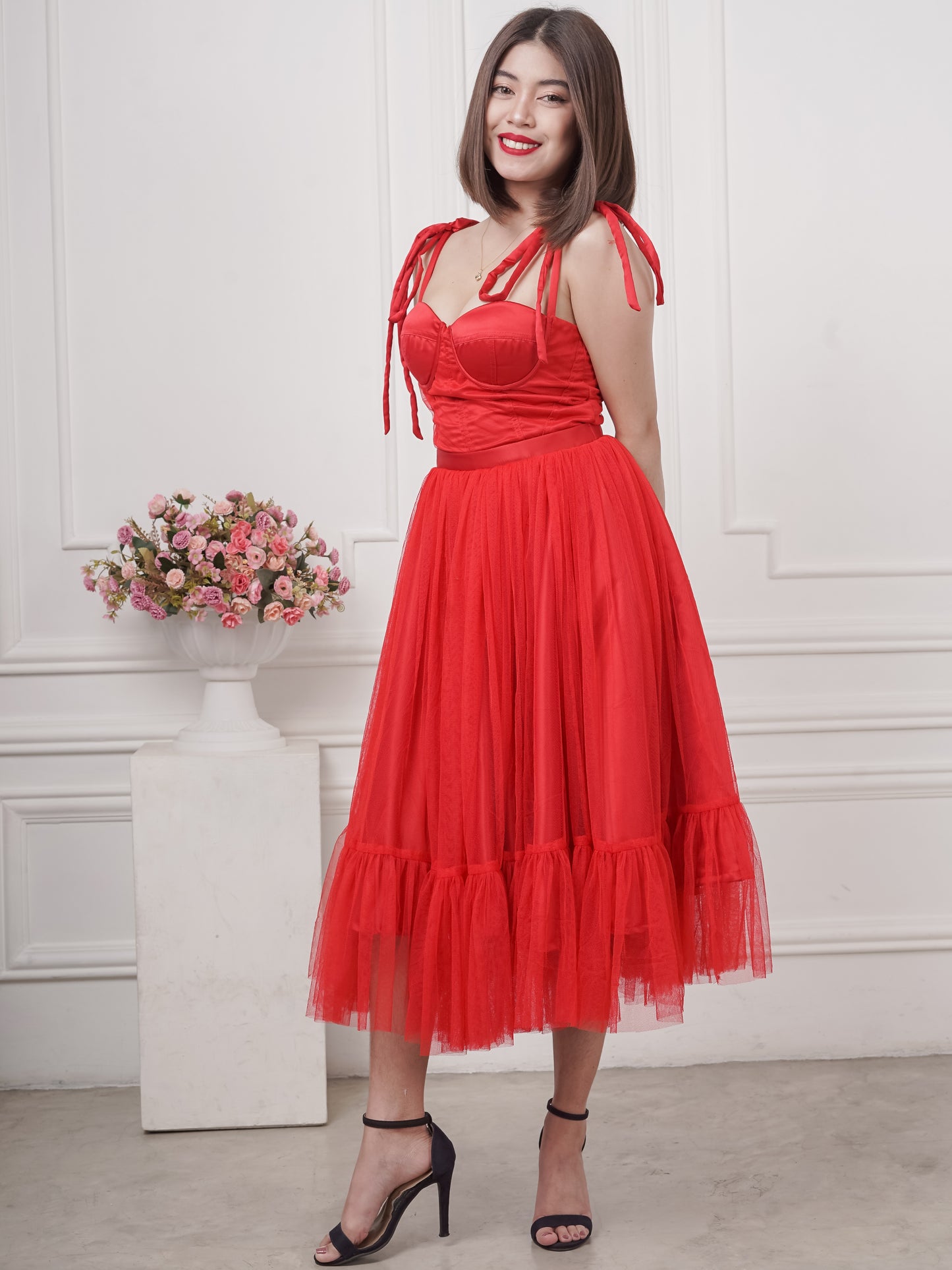 Bustier Mesh Tea-Length Dress