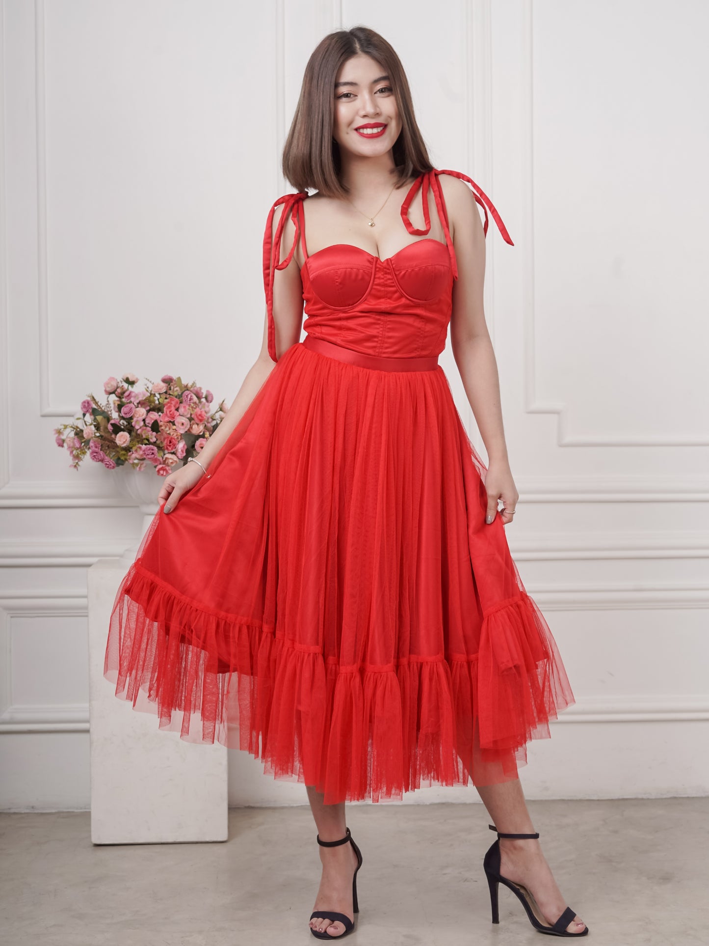 Bustier Mesh Tea-Length Dress
