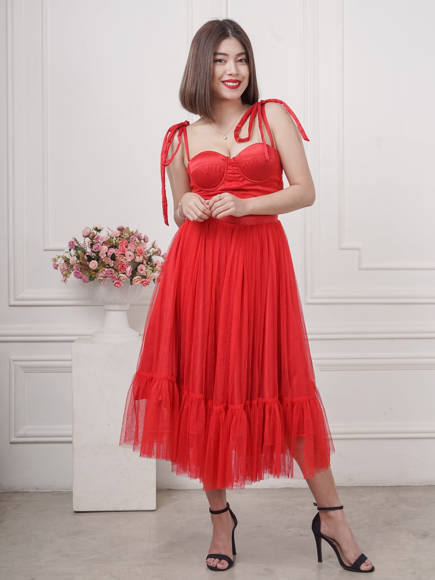 Bustier Mesh Tea-Length Dress