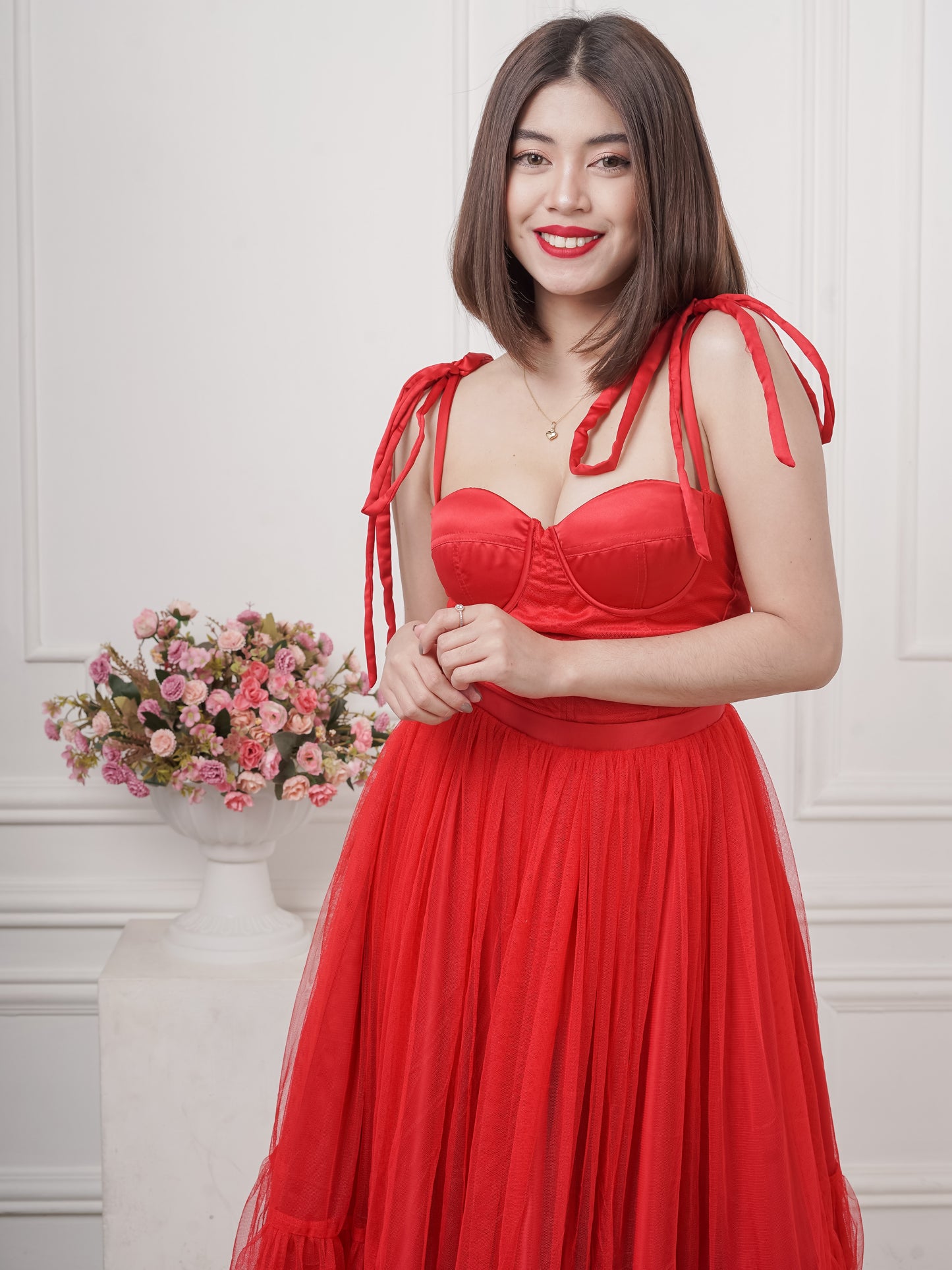 Bustier Mesh Tea-Length Dress