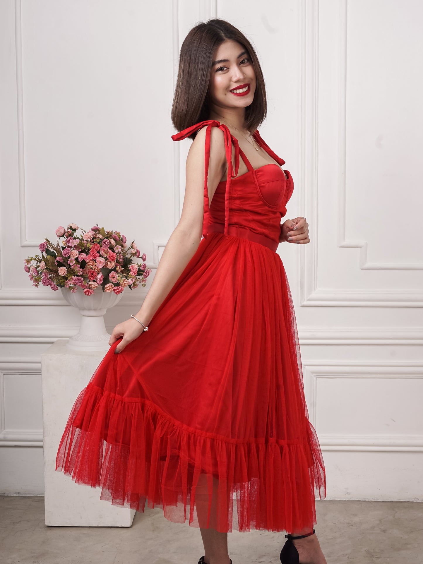 Bustier Mesh Tea-Length Dress