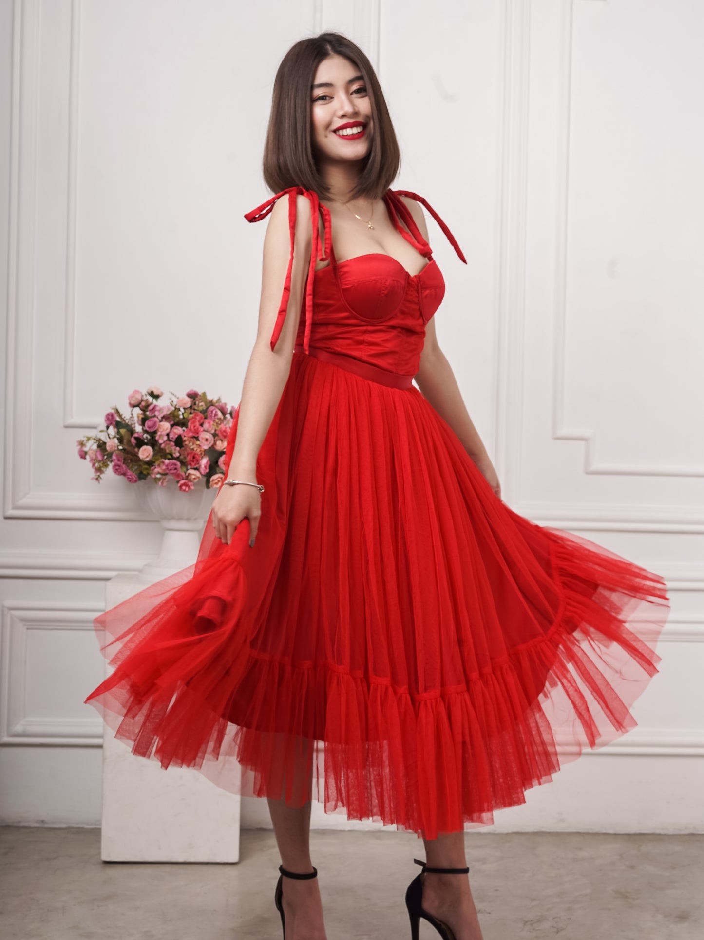 Bustier Mesh Tea-Length Dress