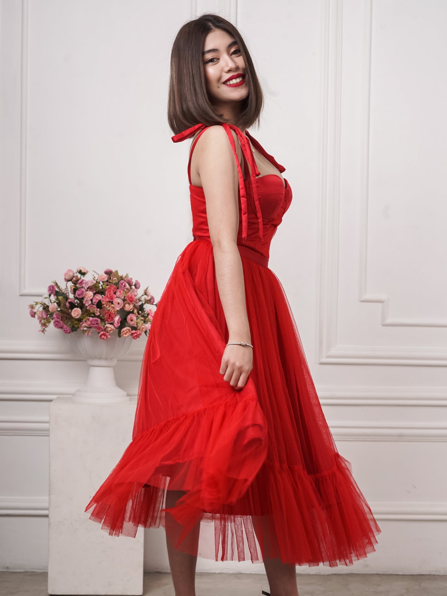 Bustier Mesh Tea-Length Dress