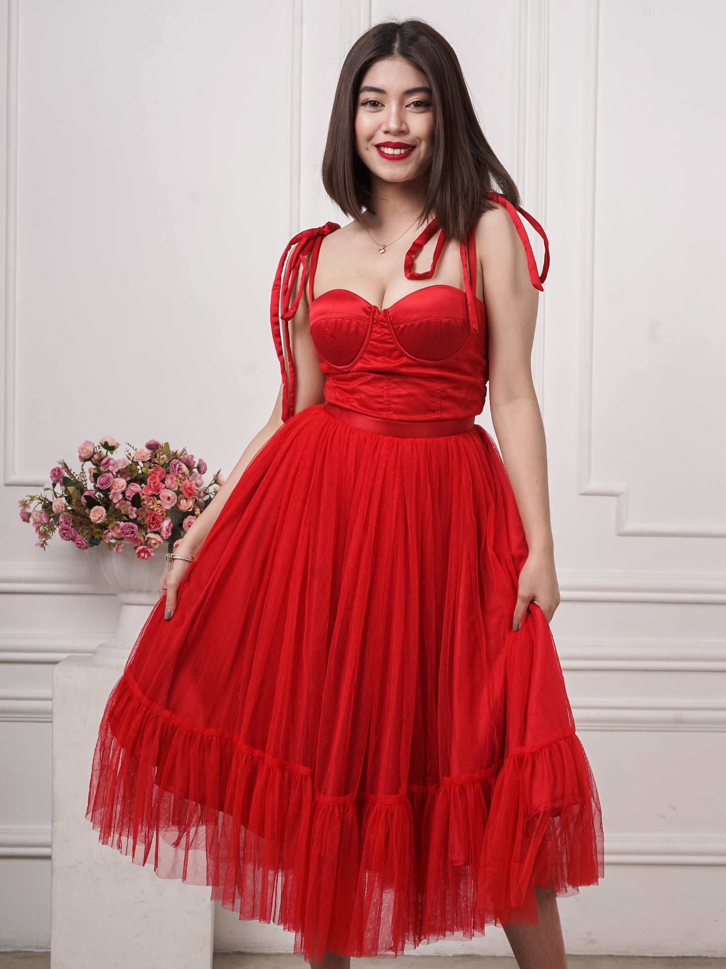 Bustier Mesh Tea-Length Dress