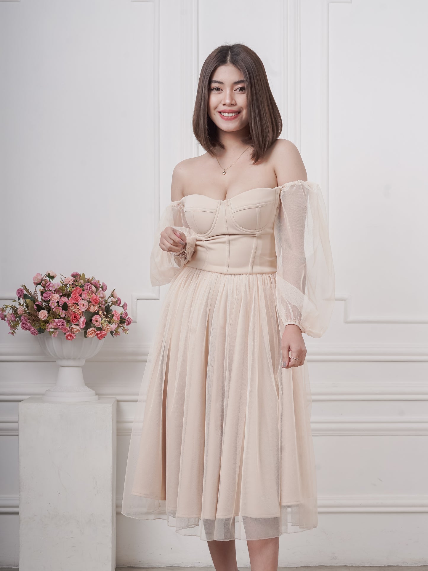 Bustier Tea-Length Dress in Nude
