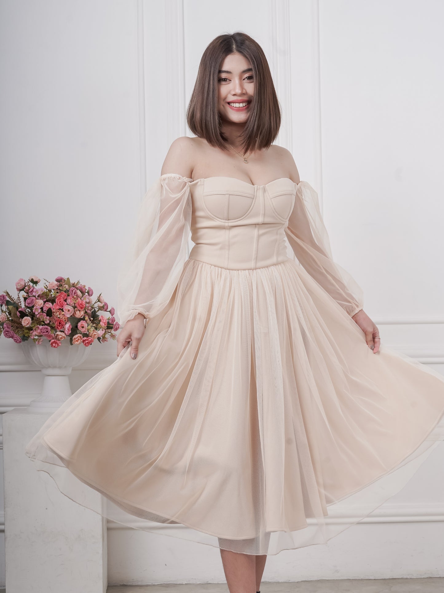 Bustier Tea-Length Dress in Nude