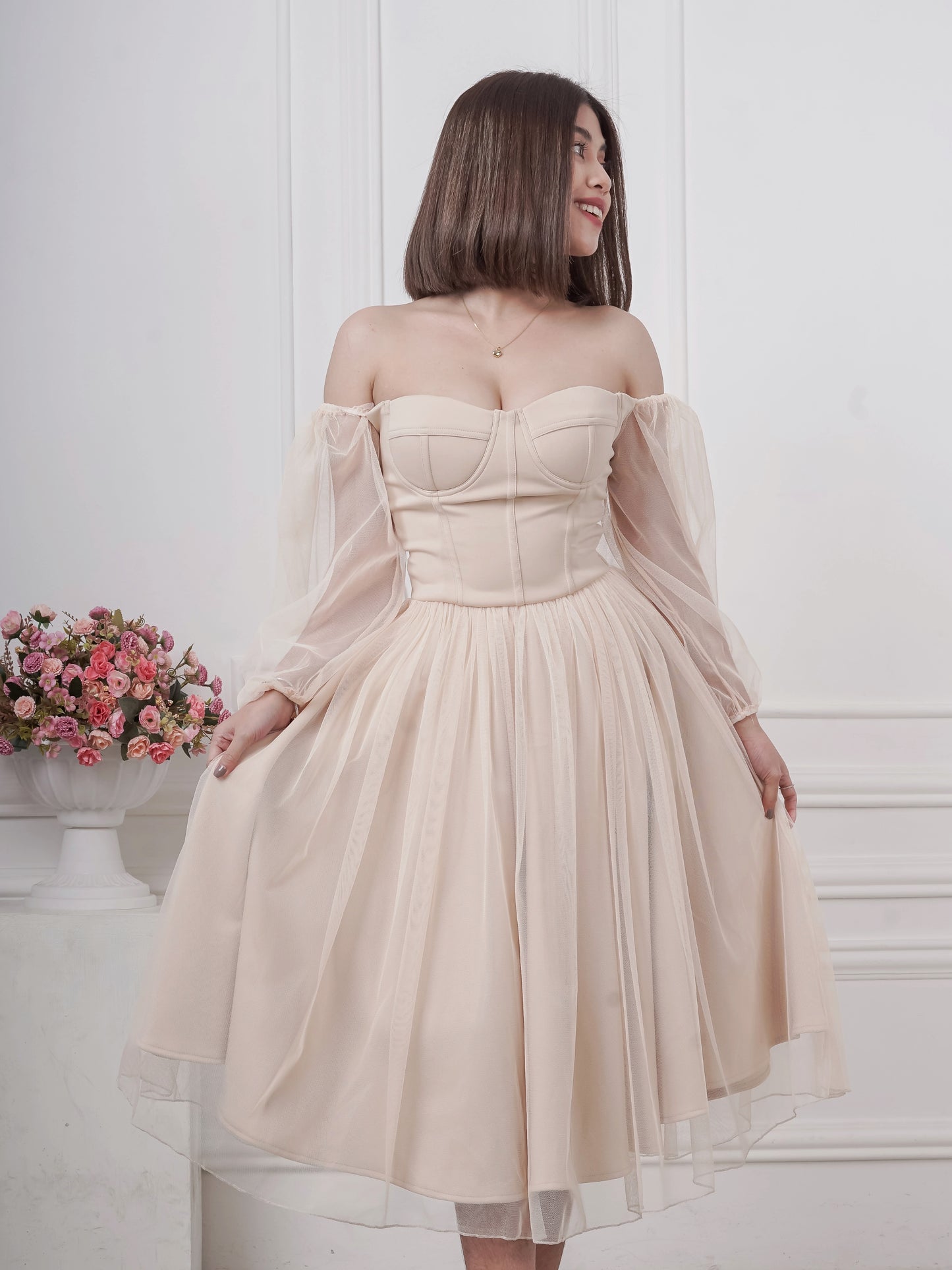 Bustier Tea-Length Dress in Nude