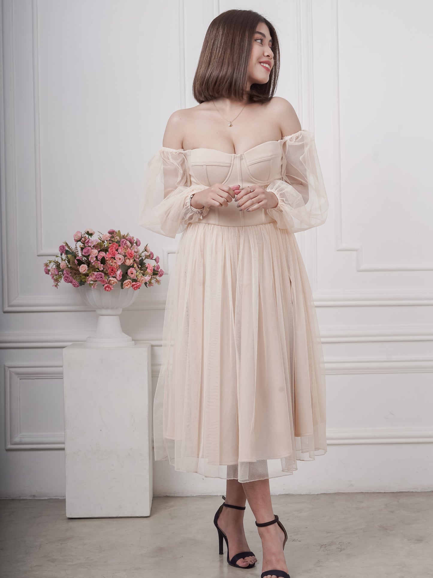 Bustier Tea-Length Dress in Nude