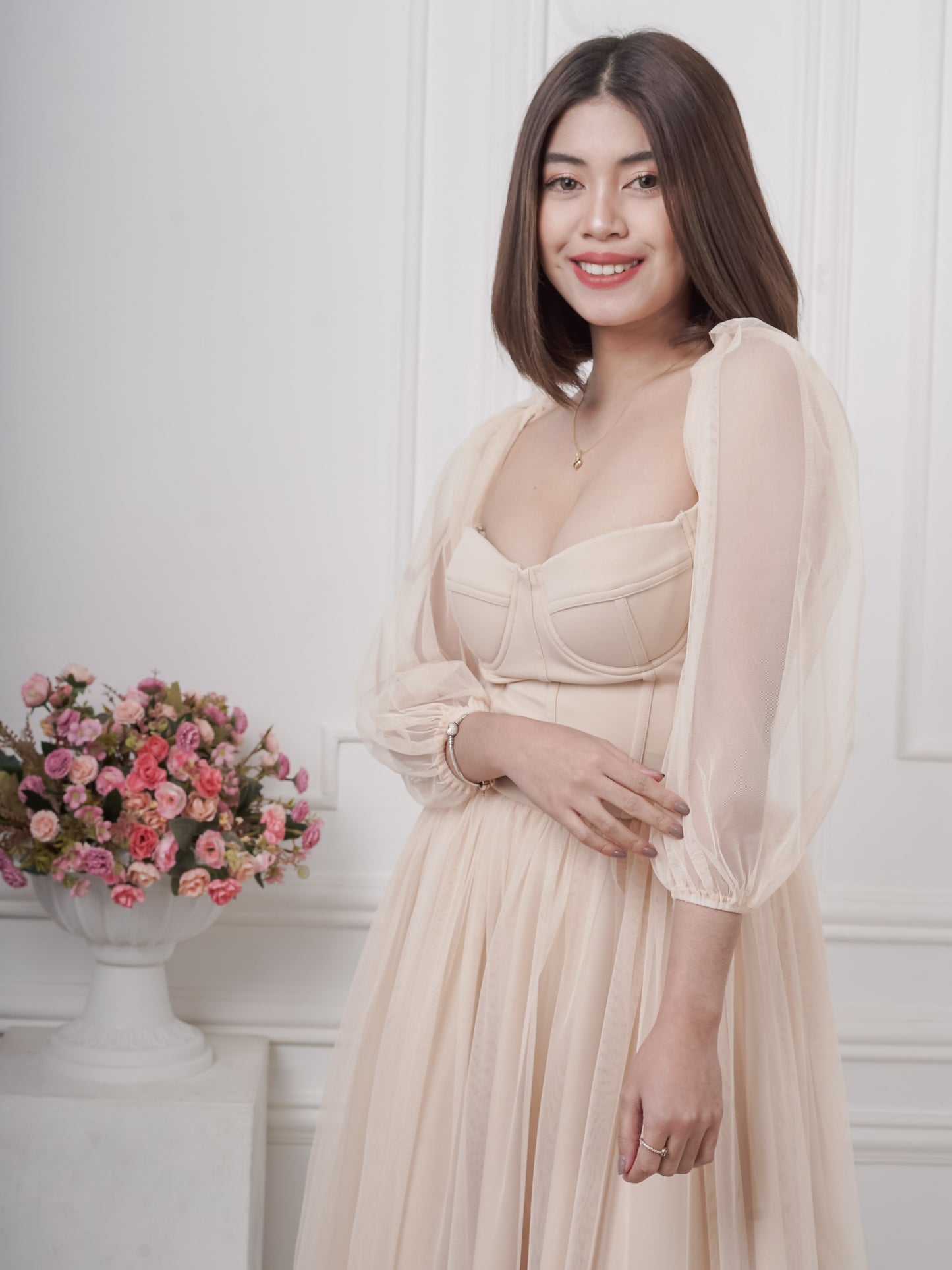 Bustier Tea-Length Dress in Nude
