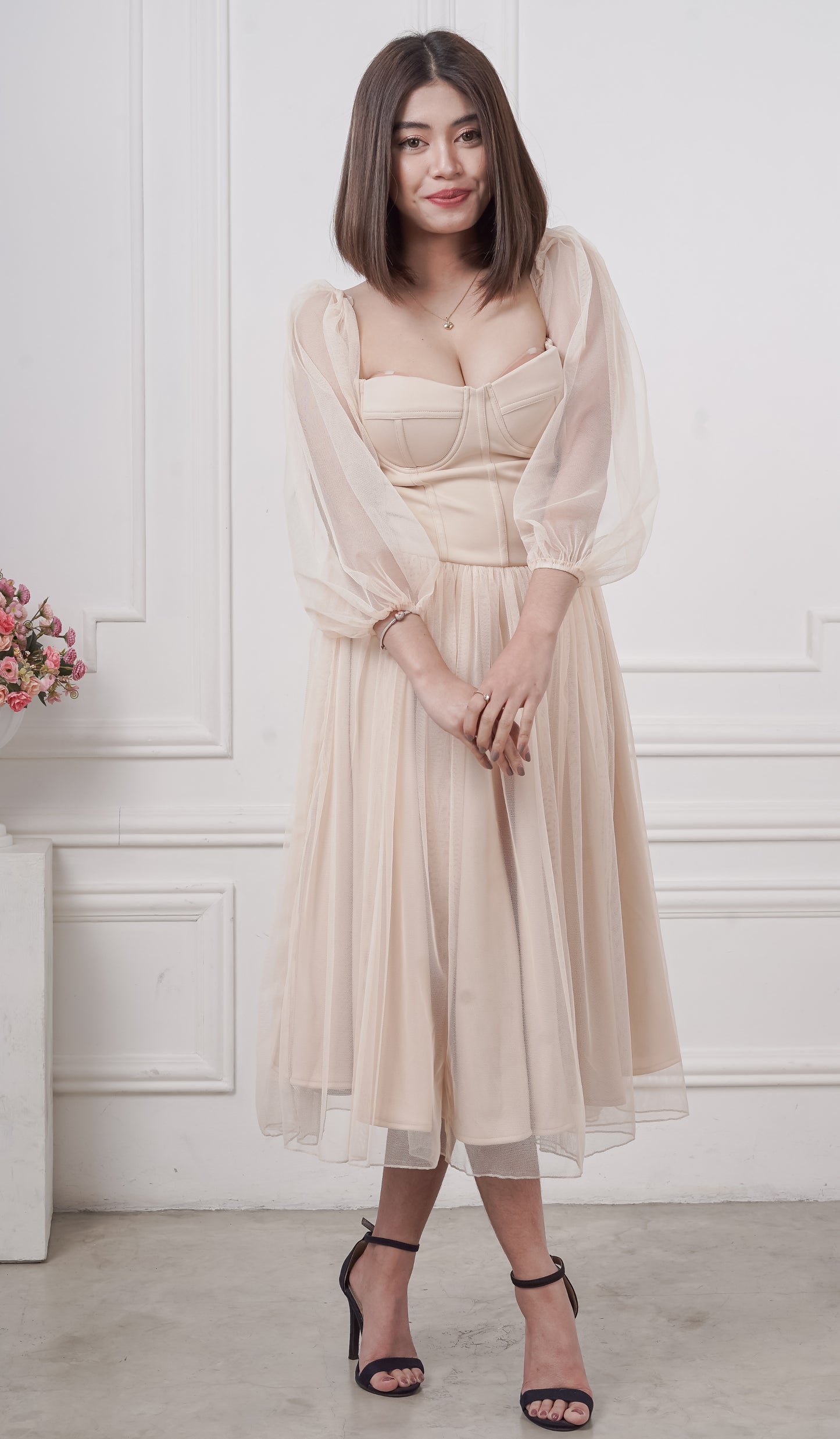 Bustier Tea-Length Dress in Nude