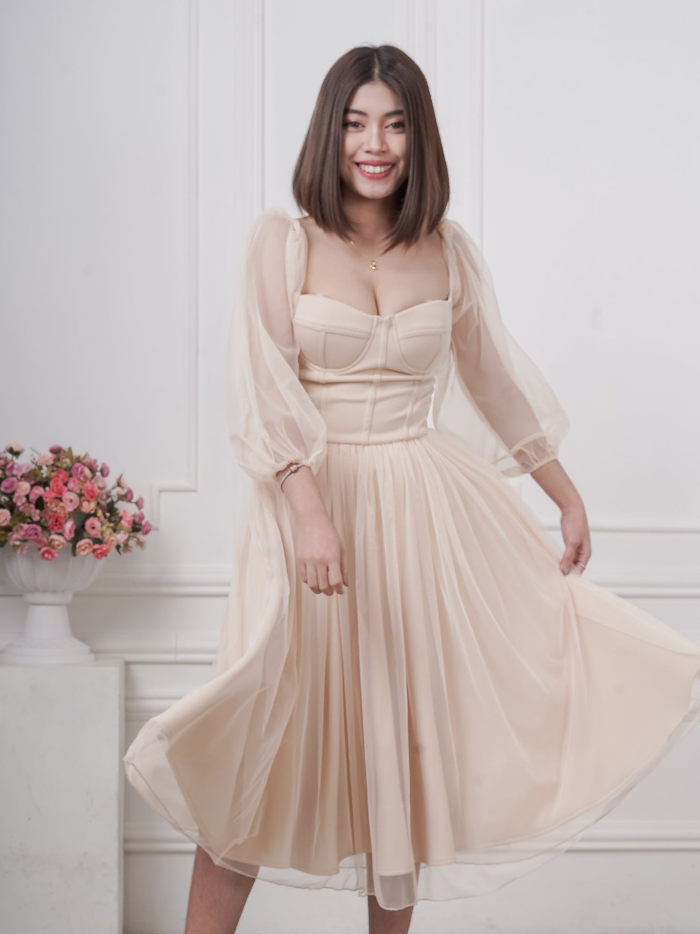 Bustier Tea-Length Dress in Nude