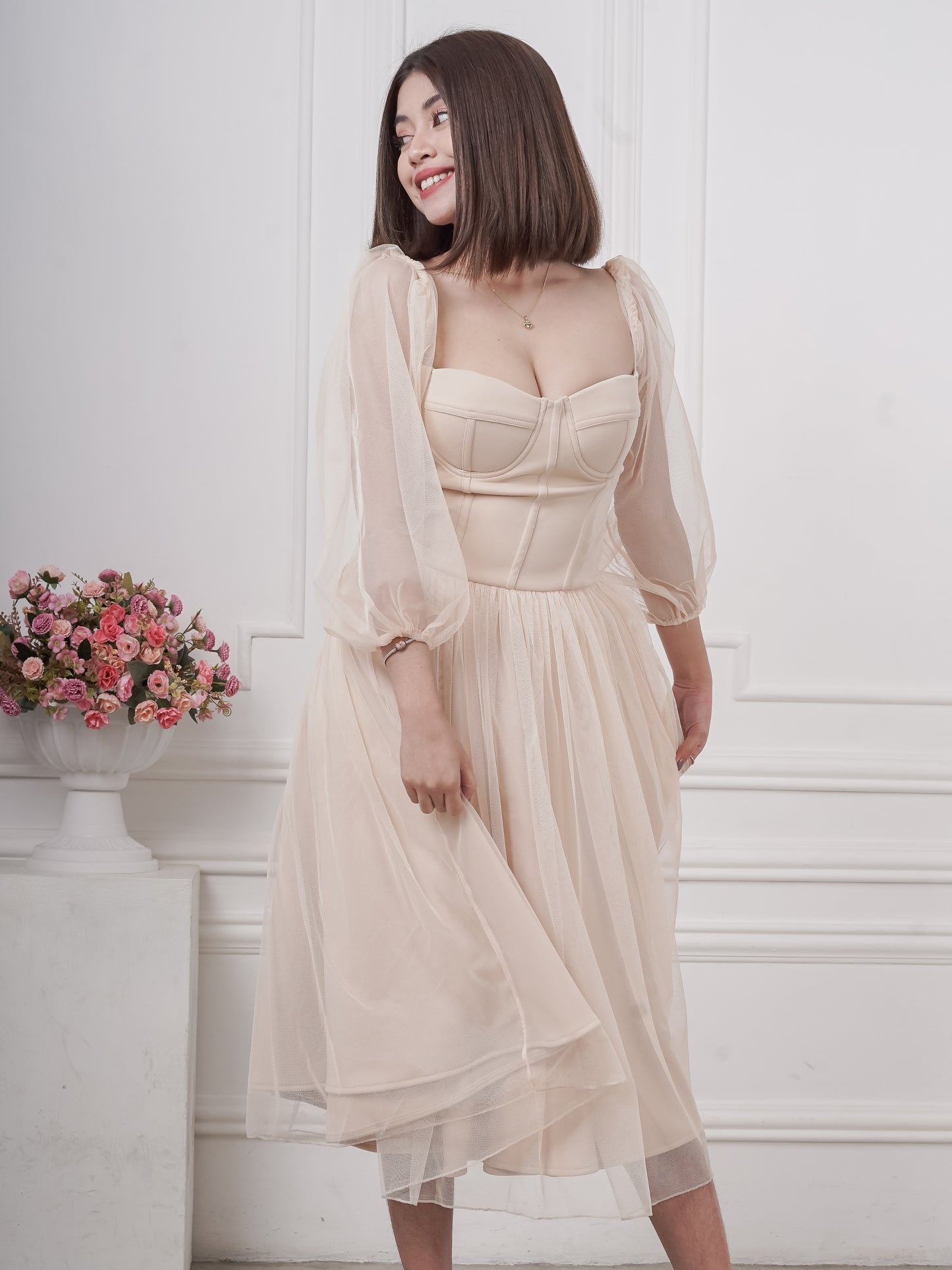 Bustier Tea-Length Dress in Nude