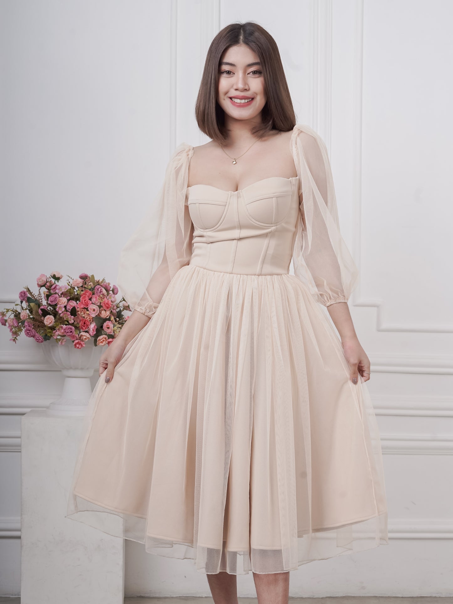 Bustier Tea-Length Dress in Nude