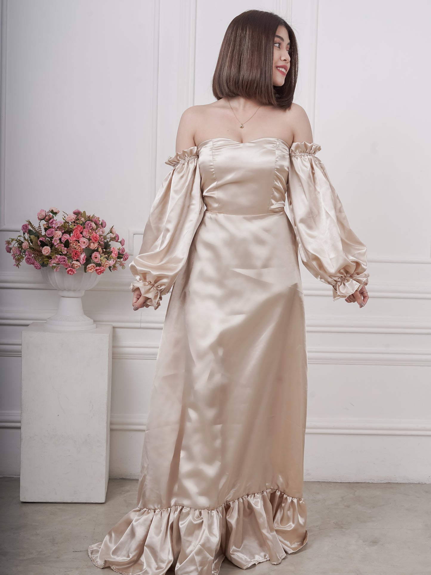 Satin Off-the-Shoulder Maxi Dress