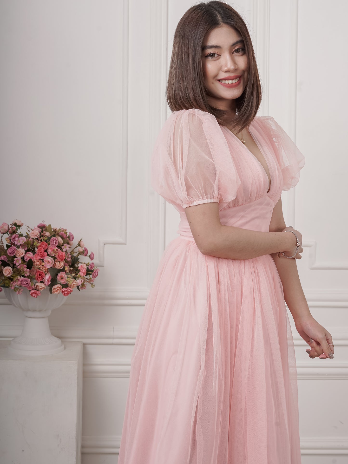 Puff-Sleeved Plunging Mesh Dress