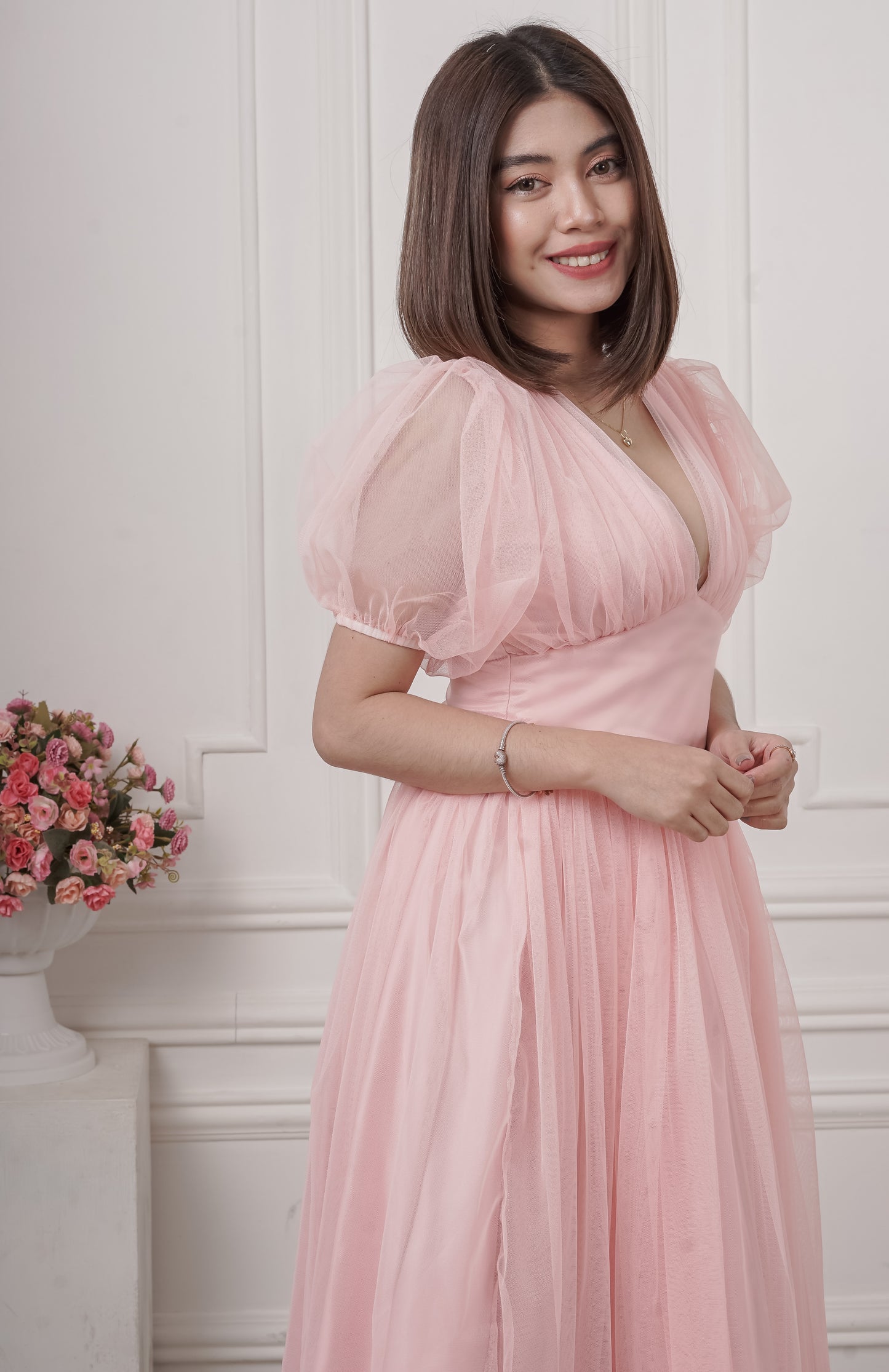 Puff-Sleeved Plunging Mesh Dress