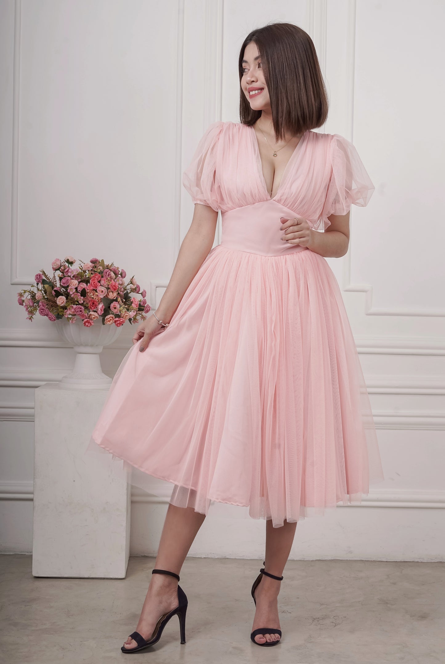 Puff-Sleeved Plunging Mesh Dress