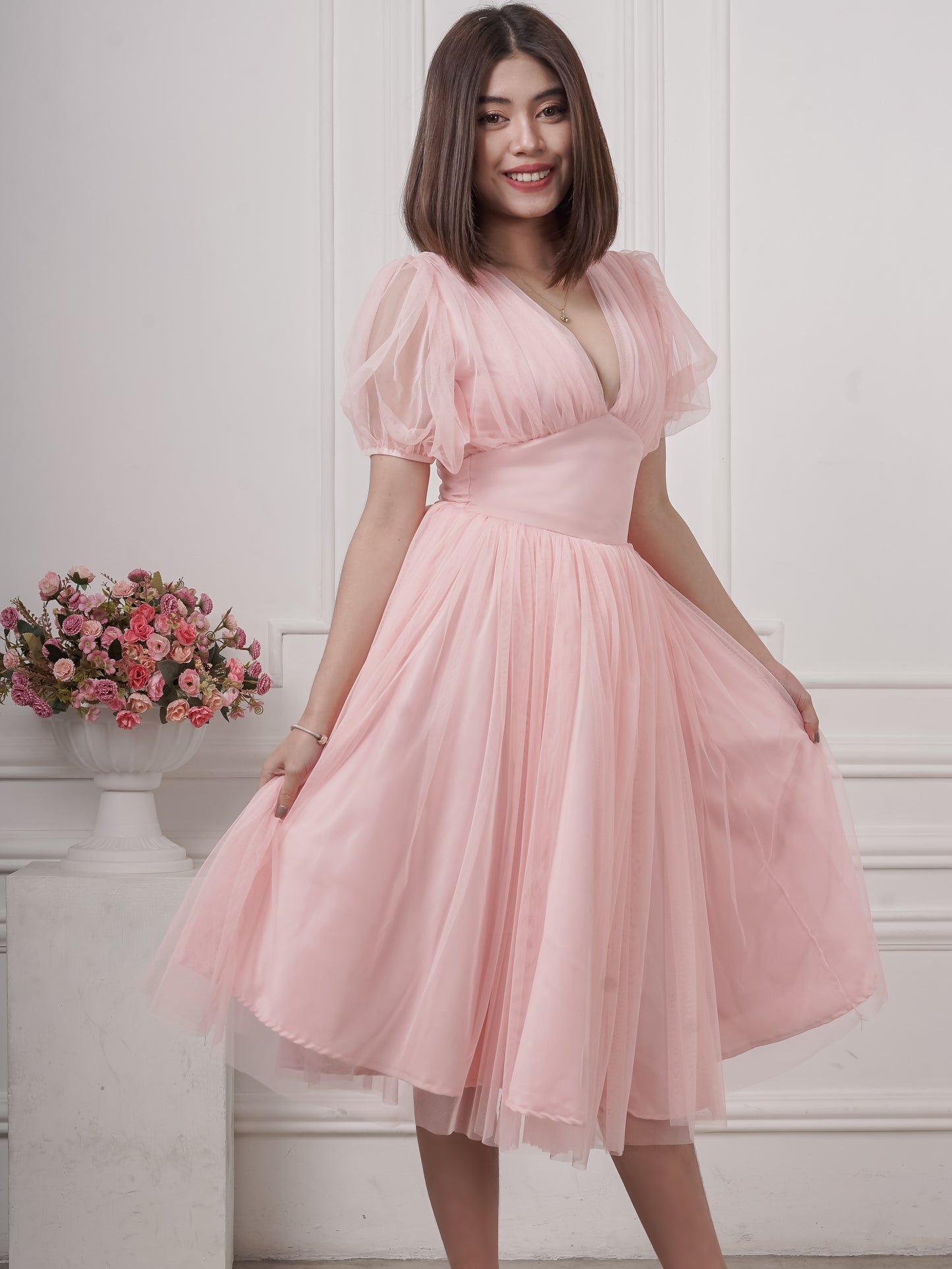 Puff-Sleeved Plunging Mesh Dress