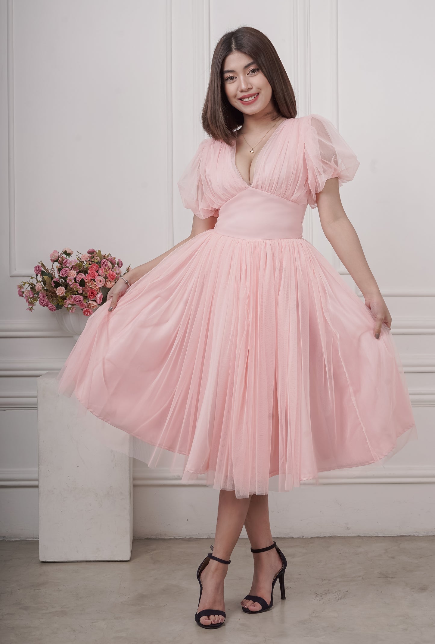 Puff-Sleeved Plunging Mesh Dress