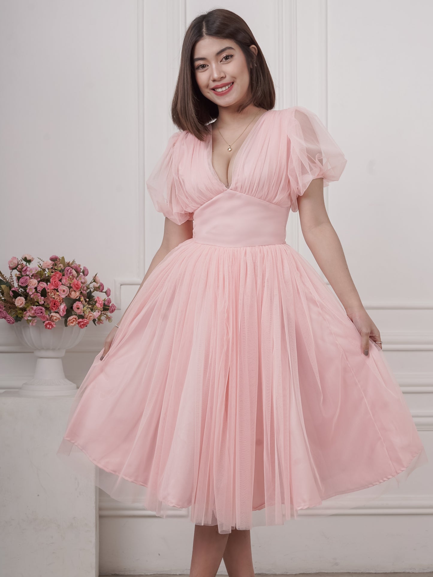Puff-Sleeved Plunging Mesh Dress