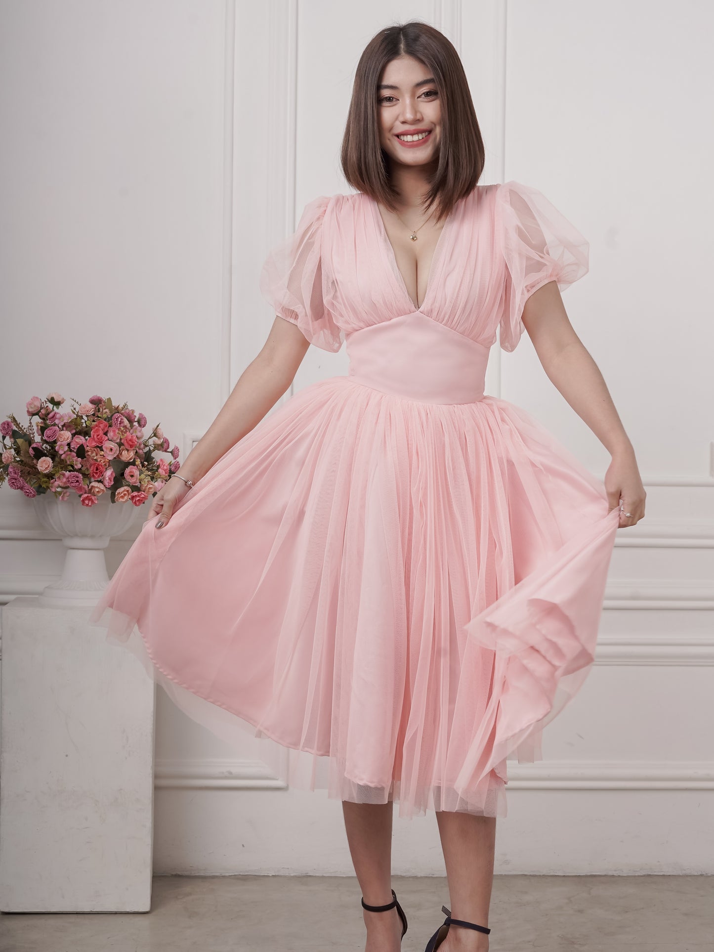 Puff-Sleeved Plunging Mesh Dress