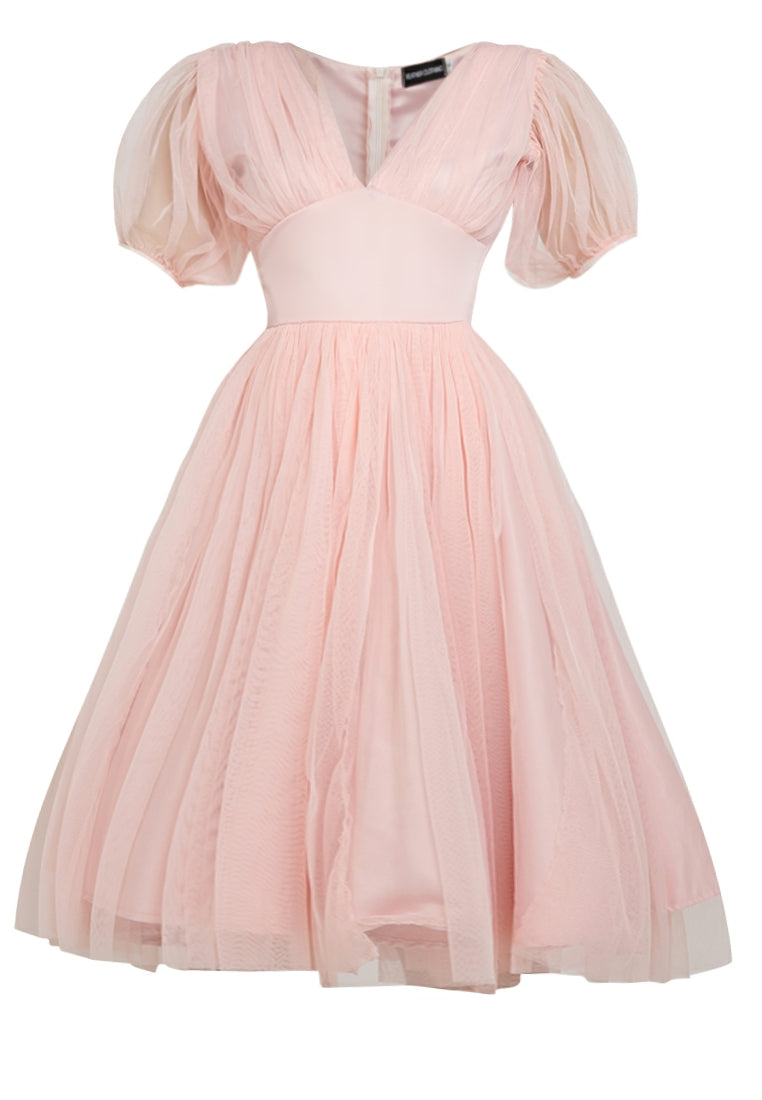 Puff-Sleeved Plunging Mesh Dress